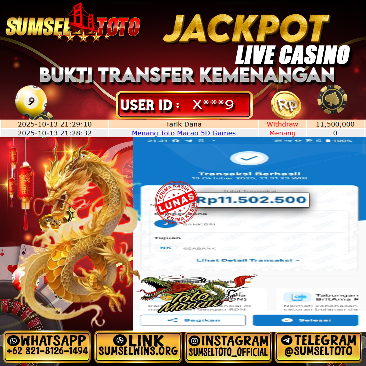SUMSELTOTO JACKPOT TOTO MACAU 5D Rp.11.500.000.,- LUNAS